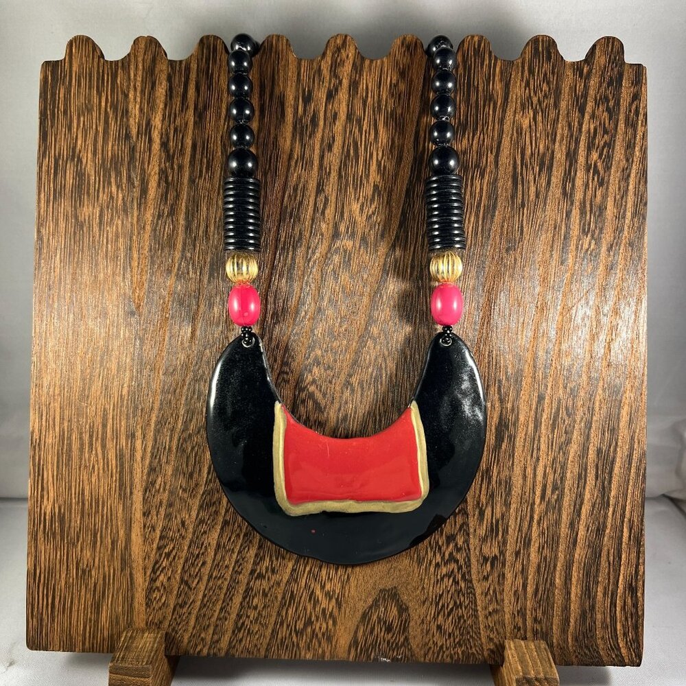 Black & Red Tribal-Inspired Statement Necklace With Beaded Accents & Hook Closur
